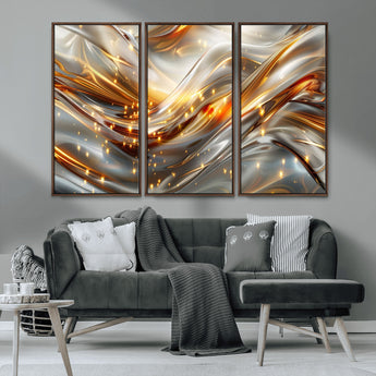 Lines1-MGV-CV-36X24-Abstract Metallic Wall Art – Silver and Gold Wave Canvas Print with Sparkling Accents, Modern Luxury Decor for Living Room, Office