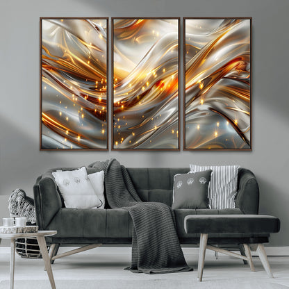 Lines1-MGV-CV-36X24-Abstract Metallic Wall Art – Silver and Gold Wave Canvas Print with Sparkling Accents, Modern Luxury Decor for Living Room, Office