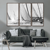 Boat-1-MGV-FC-48X32-3P_Walnut-Sailboat Racing Wall Art – Nautical Black and White Canvas Print, Ocean Adventure Decor for Office, Living Room or Bedroom