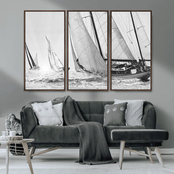 Boat-1-MGV-FC-48X32-3P_Walnut-Sailboat Racing Wall Art – Nautical Black and White Canvas Print, Ocean Adventure Decor for Office, Living Room or Bedroom