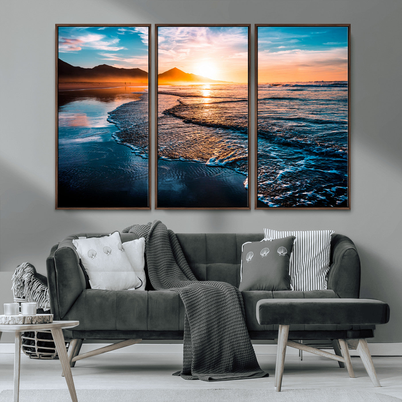 26494-MGV-CV-36X24-Ocean Sunset Wall Art – Scenic Beach Canvas Print with Waves and Mountains, Coastal Seascape Photography for Living Room, Bedroom