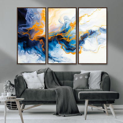 83720-MGV-FC-48X32-3P_Walnut-Abstract Fluid Wall Art – Blue, White and Gold Swirl Canvas Painting, Modern Contemporary Artwork for Living Room, Bedroom or