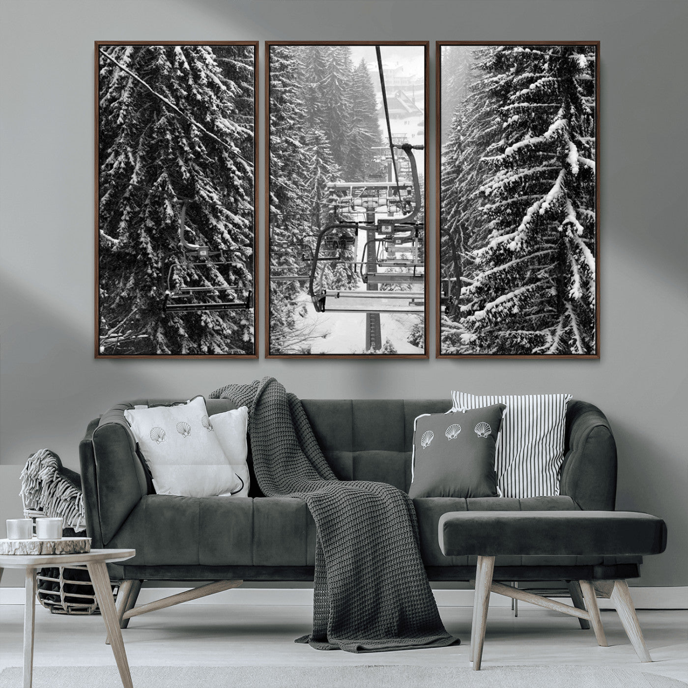 19240-MGV-CV-36X24-Ski Lift Wall Art – Black and White Winter Mountain Canvas Print, Snowy Forest Ski Resort Photography for Cabin, Lodge, Office or