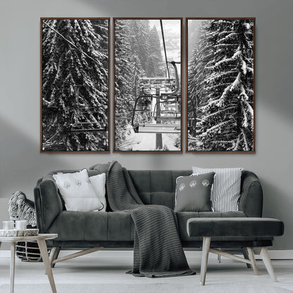 19240-MGV-CV-36X24-Ski Lift Wall Art – Black and White Winter Mountain Canvas Print, Snowy Forest Ski Resort Photography for Cabin, Lodge, Office or