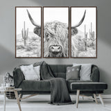 94579-MGV-CV-36X24-Highland Cow Wall Art – Black and White Longhorn Canvas Print, Rustic Western Farmhouse Animal Photography for Living Room,