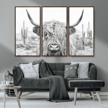 94579-MGV-CV-36X24-Highland Cow Wall Art – Black and White Longhorn Canvas Print, Rustic Western Farmhouse Animal Photography for Living Room,