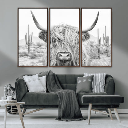 94579-MGV-CV-36X24-Highland Cow Wall Art – Black and White Longhorn Canvas Print, Rustic Western Farmhouse Animal Photography for Living Room,