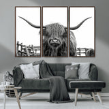 58188-MGV-CV-36X24-Highland Cow Wall Art – Black and White Rustic Farmhouse Canvas Print, Longhorn Cattle Photography Decor for Living Room or
