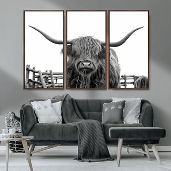 58188-MGV-CV-36X24-Highland Cow Wall Art – Black and White Rustic Farmhouse Canvas Print, Longhorn Cattle Photography Decor for Living Room or