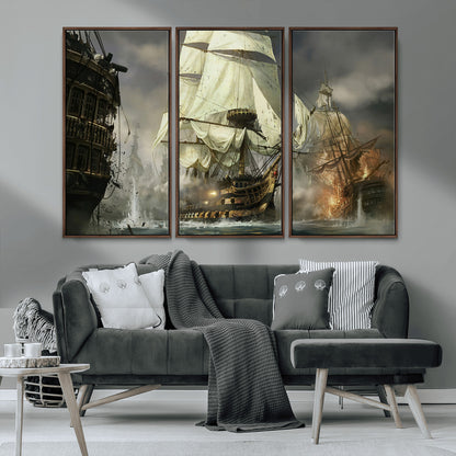 26512-MGV-CV-36X24-Naval Battle Wall Art – Dramatic Tall Ship Canvas Print, Historic Pirate Sailing War Scene, Nautical Decor for Office, Study or