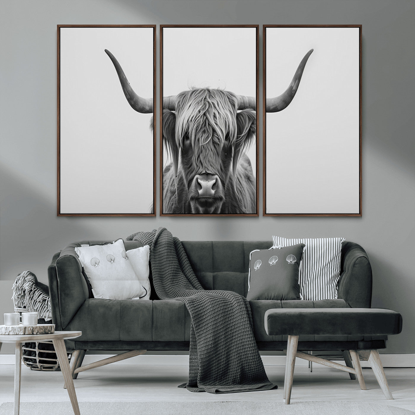 35820-MGV-CV-36X24-Minimalist Highland Cow Wall Art – Black and White Longhorn Cattle Canvas Print, Modern Farmhouse Animal Photography Decor for