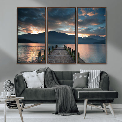 20442-MGV-CV-36X24-Lakeside Sunset Dock Wall Art – Peaceful Mountain Lake Canvas Print, Serene Nature Landscape Decor for Living Room, Bedroom or