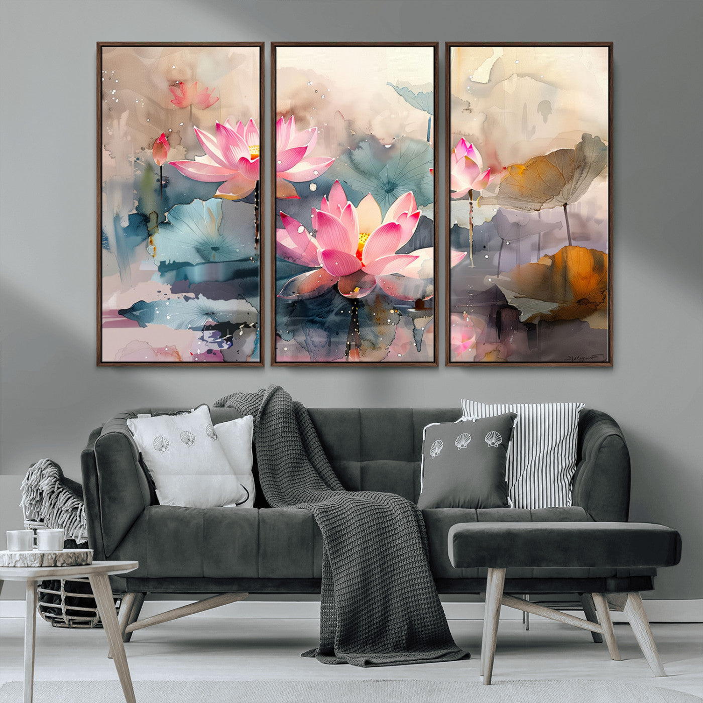 27936-MGV-FC-48X32-3P_Walnut-Lotus Pond Wall Art – Watercolor Pink Lotus Flowers Canvas Print, Tranquil Botanical Artwork for Bedroom, Living Room or
