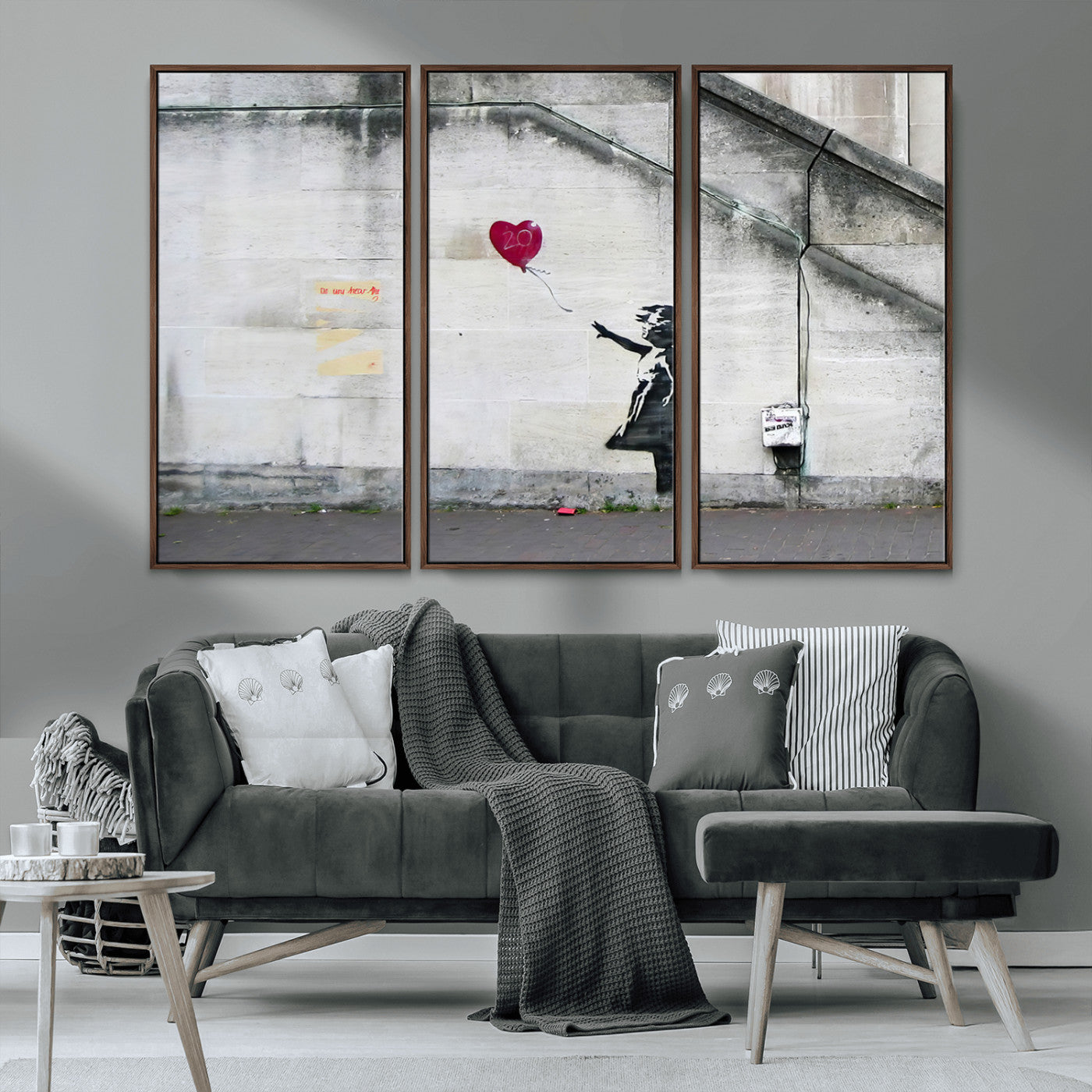 50559-MGV-FC-48X32-3P_Walnut-Banksy Girl with Balloon Wall Art – Famous Street Graffiti Canvas Print, Modern Urban Artwork for Living Room, Bedroom or Office