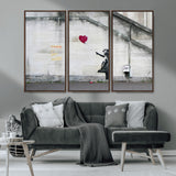 50559-MGV-FC-48X32-3P_Walnut-Banksy Girl with Balloon Wall Art – Famous Street Graffiti Canvas Print, Modern Urban Artwork for Living Room, Bedroom or Office