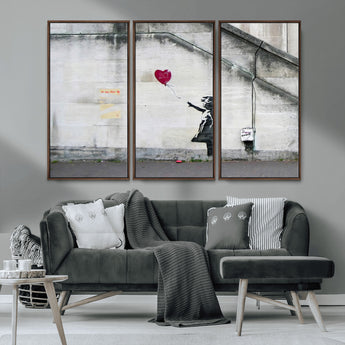 50559-MGV-FC-48X32-3P_Walnut-Banksy Girl with Balloon Wall Art – Famous Street Graffiti Canvas Print, Modern Urban Artwork for Living Room, Bedroom or Office