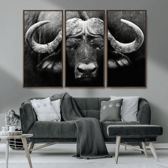 75273-MGV-CV-36X24-Buffalo Wall Art – Black and White African Buffalo Canvas Print, Rustic Wildlife Animal Artwork for Farmhouse, Living Room,