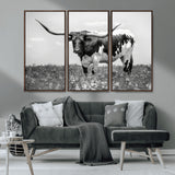 94709-MGV-CV-36X24-Texas Longhorn Wall Art – Black and White Bull Photography Canvas Print, Western Farmhouse Wall Decor for Living Room, Office or