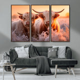 68253-MGV-CV-36X24-Highland Cow Wall Art – Rustic Farmhouse Cattle Canvas Print, Frosty Sunset Animal Artwork for Living Room, Bedroom or Country