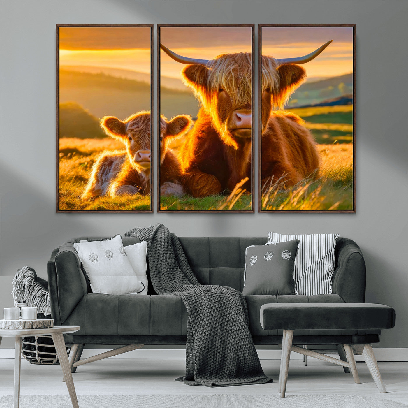 20567-MGV-CV-36X24-Highland Cow and Calf Wall Art – Rustic Farmhouse Sunset Cattle Canvas Print, Country Animal Artwork for Living Room, Bedroom, or