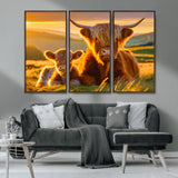 20567-MGV-CV-36X24-Highland Cow and Calf Wall Art – Rustic Farmhouse Sunset Cattle Canvas Print, Country Animal Artwork for Living Room, Bedroom, or