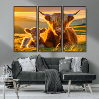 20567-MGV-CV-36X24-Highland Cow and Calf Wall Art – Rustic Farmhouse Sunset Cattle Canvas Print, Country Animal Artwork for Living Room, Bedroom, or