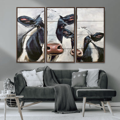 28934-MGV-FC-48X32-3P_Walnut-Farmhouse Cow Wall Art – Rustic Black and White Dairy Cattle Canvas Print, Country Barn Animal Painting for Kitchen, Living Room