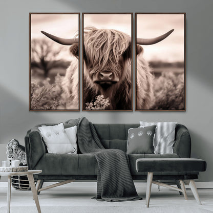 55903-MGV-CV-36X24-Highland Cow Wall Art – Rustic Sepia Scottish Highland Bull Canvas Print, Farmhouse Country Animal Decor for Living Room, Bedroom