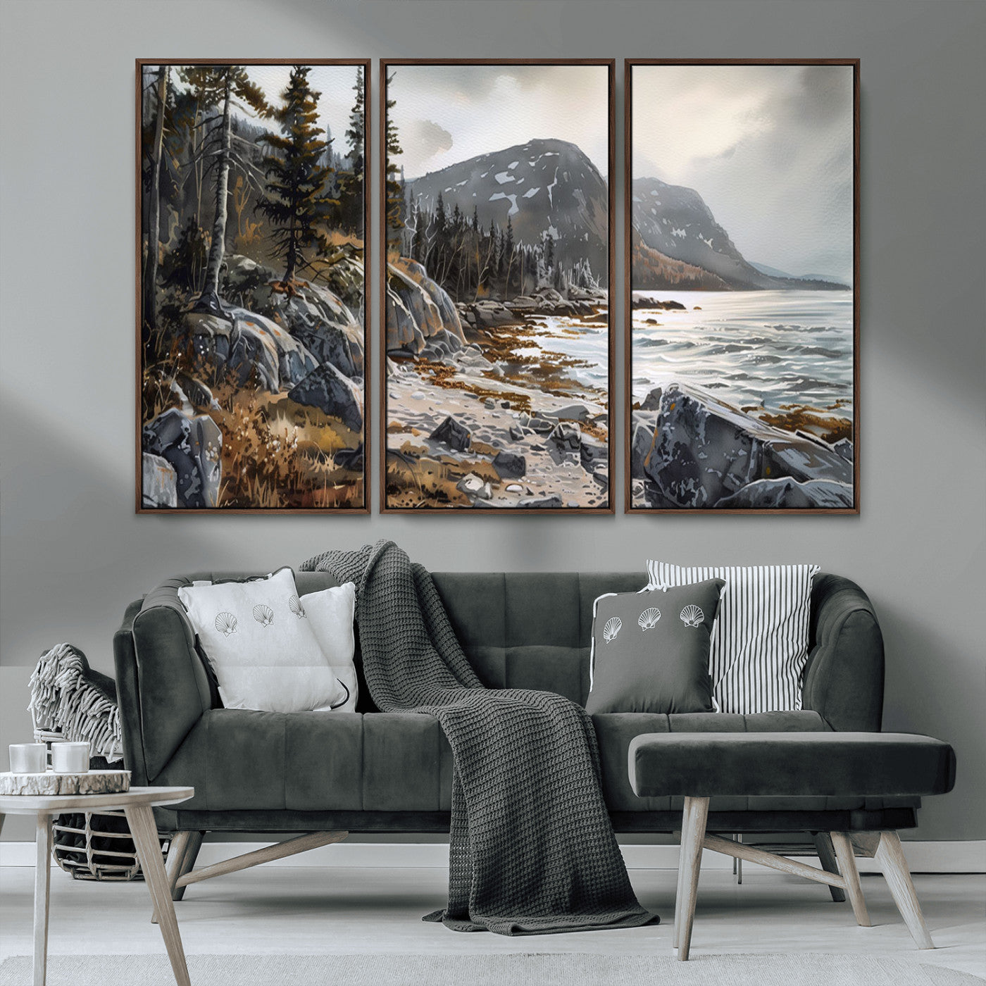 41281-MGV-CV-36X24-Rocky Shoreline Wall Art – Panoramic Mountain Coast and Forest Canvas Print, Rustic Nature Landscape Decor for Cabin, Lodge, or