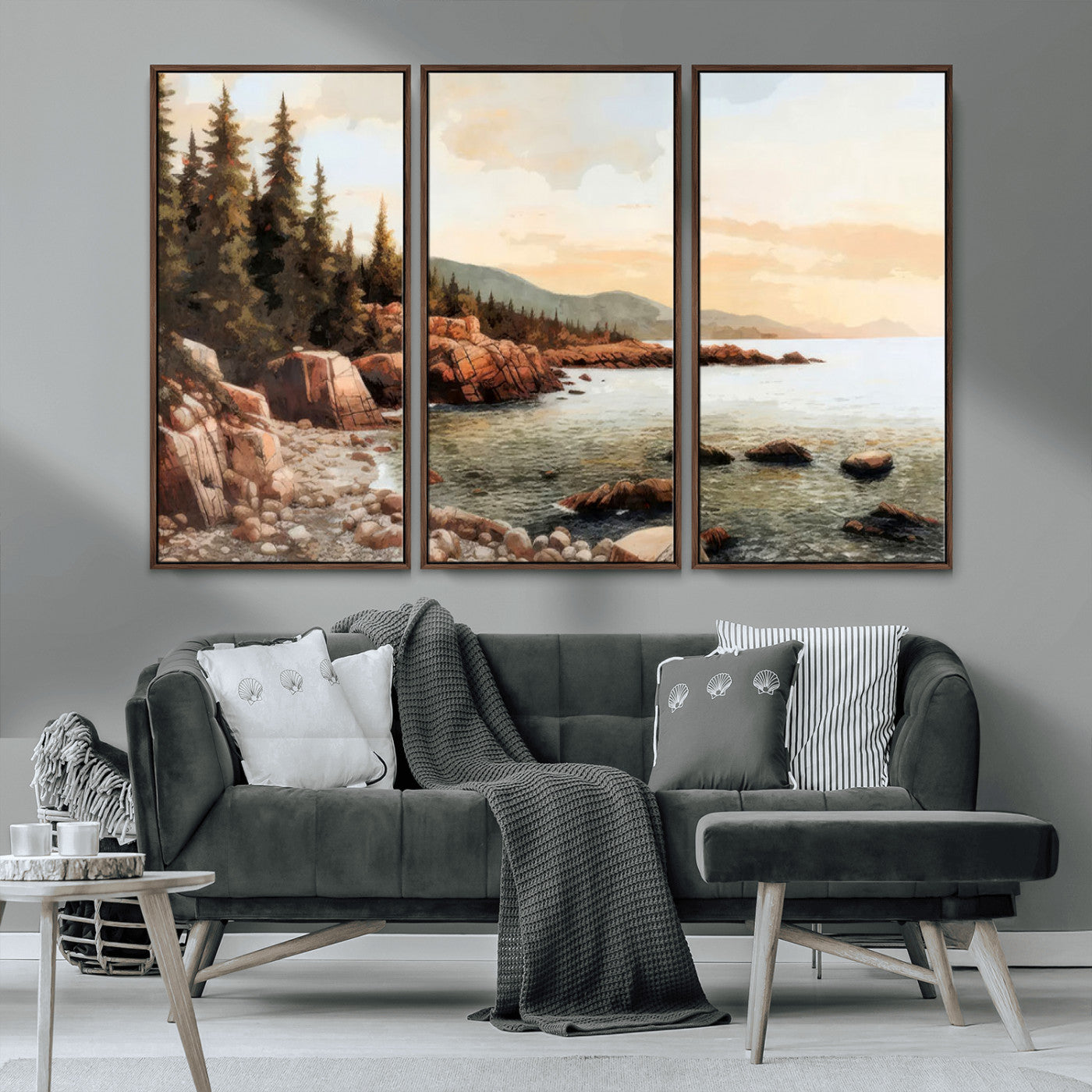 77145-MGV-CV-36X24-Coastal Landscape Wall Art – Panoramic Rocky Shoreline and Pine Trees Canvas Print, Rustic Nature Decor for Cabin, Lodge, Office,