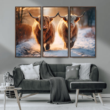 50490-MGV-CV-36X24-Highland Cow Wall Art – Rustic Panoramic Canvas Print Two Cattle Snowy Landscape, Farmhouse Country Decor for Living Room Office