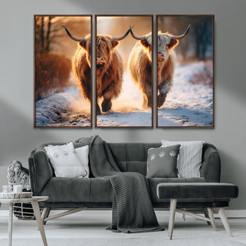 94810-MGV-CV-36X24-Highland Cow Wall Art – Rustic Canvas Print Two Cattle Snow Path Sunset, Farmhouse Country Decor for Living Room, Bedroom, Office,