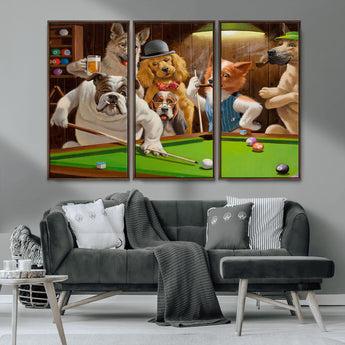 34228-MGV-CV-36X24-Dogs Playing Pool Wall Art Canvas Print, Framed Funny Dog Art Picture Print, Dog Perfect Game Room Decor Artwork