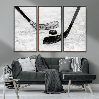 82900-MGV-CV-36X24-Hockey Wall Art – Black and White Canvas Print Ice Rink Sticks Puck Sports Photography, Modern Decor for Game Room, Man Cave,