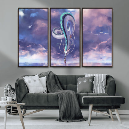 66864-MGV-CV-36X24-Fantasy Dragon Wall Art – Mystical Canvas Print Girl and Sky Serpent Dreamlike Clouds, Magical Anime Inspired Decor for Living