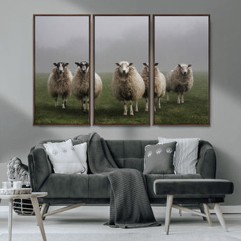 87339-MGV-CV-36X24-Sheep Wall Art – Rustic Farmhouse Canvas Print Flock Standing Misty Field Countryside Photography, Country Animal Decor for Living