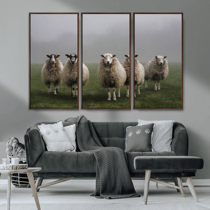 87339-MGV-CV-36X24-Sheep Wall Art – Rustic Farmhouse Canvas Print Flock Standing Misty Field Countryside Photography, Country Animal Decor for Living