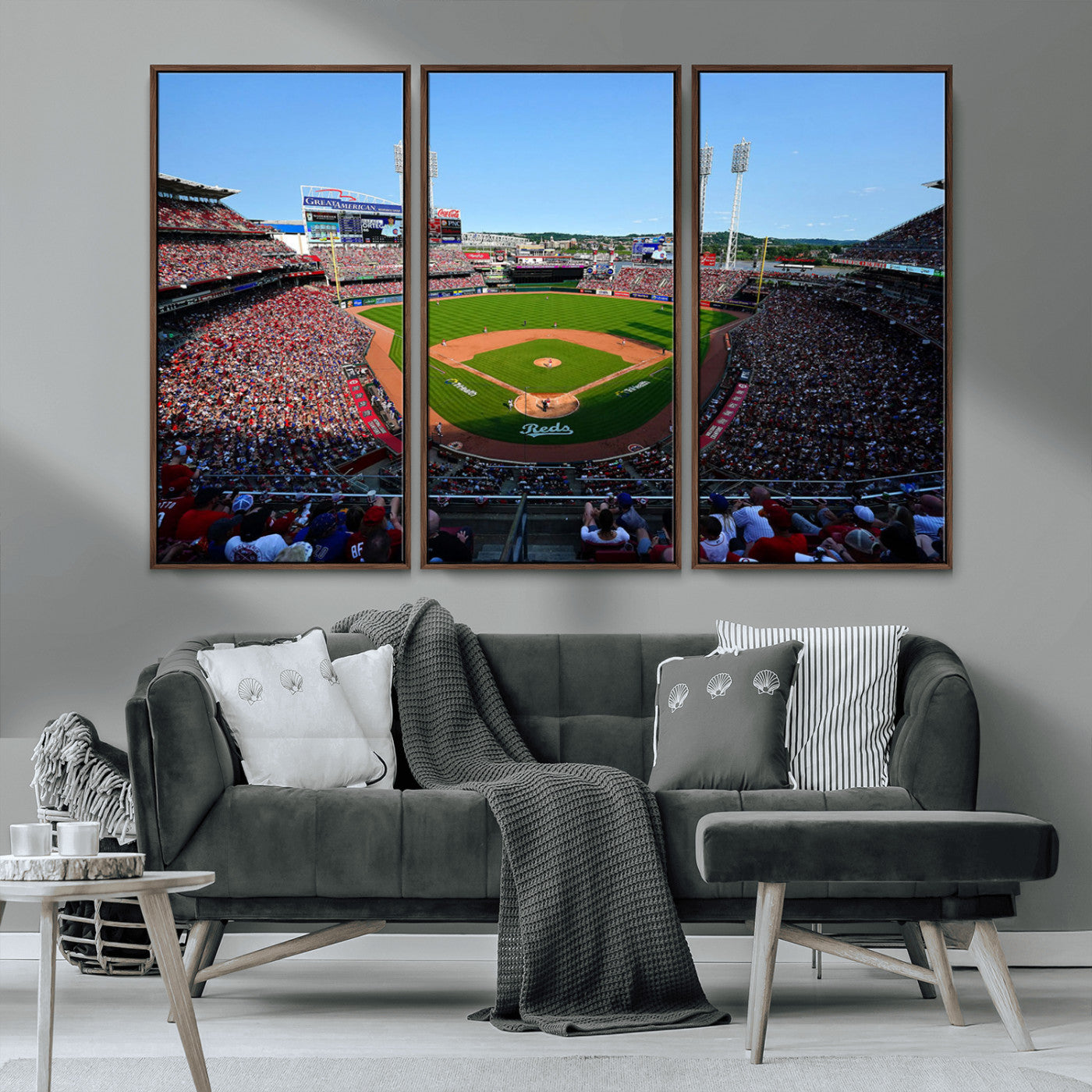 90998-MGV-CV-36X24-Baseball Stadium Wall Art – Canvas Print Day Game Field Packed Crowd Bright Blue Sky Sports Photography, Classic Decor for Game