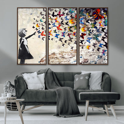 97895-MGV-CV-36X24-Girl with Butterflies Wall Art – Colorful Street Art Style Canvas Print, Modern Graffiti-Inspired Butterfly Artwork for Living