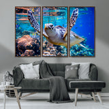 12683-MGV-FC-48X32-3P_Walnut-Sea Turtle Wall Art – Graceful Ocean Canvas Print with Coral Reef and Tropical Fish, Coastal Marine Life Decor for Beach House,