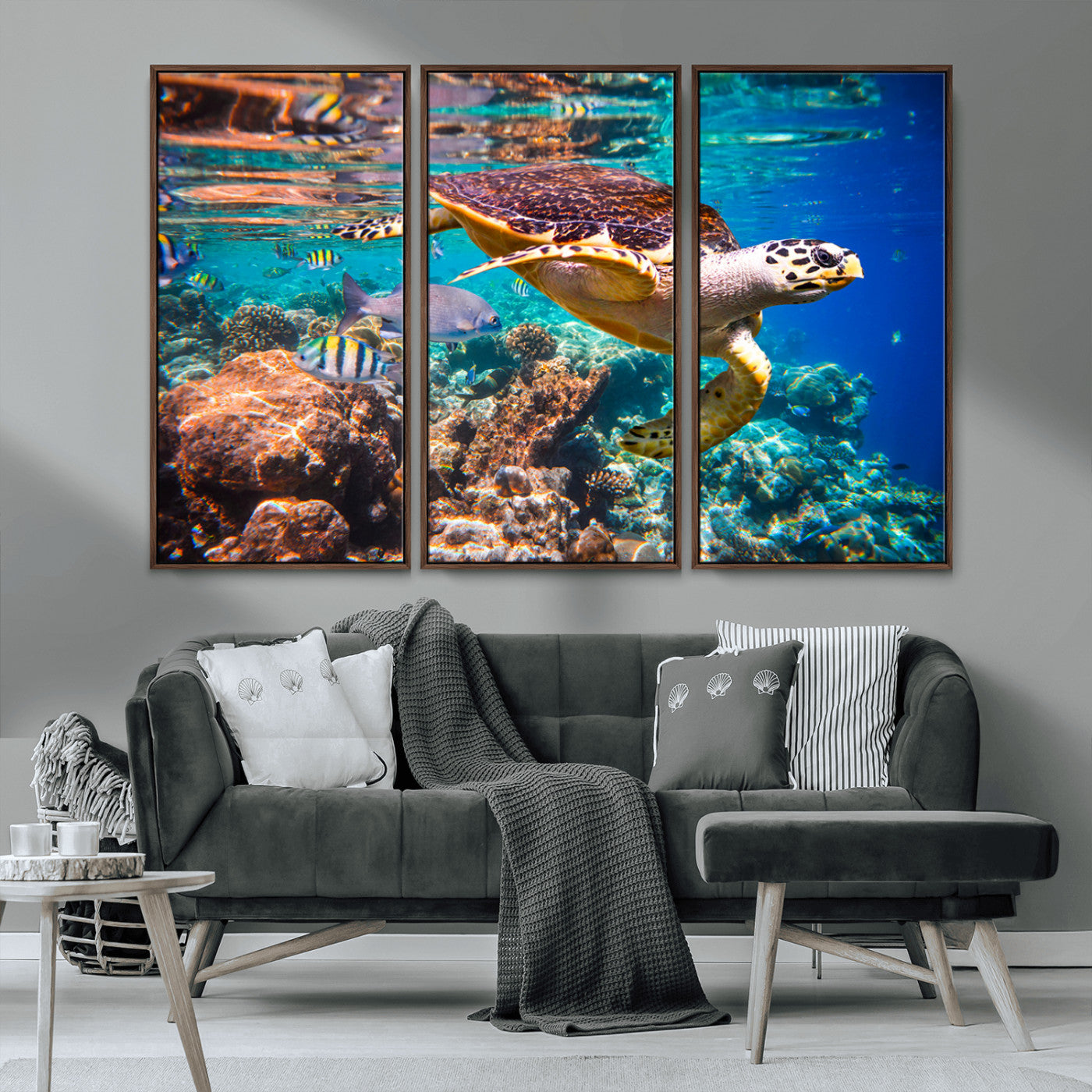 66614-MGV-CV-36X24-Sea Turtle Wall Art – Hawksbill Turtle Swimming Over Coral Reef Canvas Print, Ocean Marine Life Decor for Beach House, Coastal