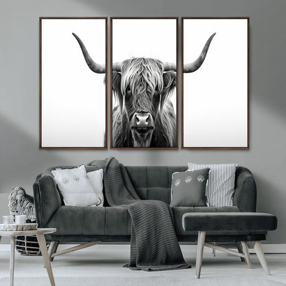 49556-MGV-FC-48X32-3P_Walnut-Highland Cow Wall Art – Black and White Scottish Highland Cattle Print, Rustic Farmhouse Minimalist Animal Portrait Canvas for