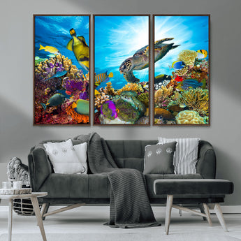 44772-MGV-CV-36X24-Underwater Sea Turtle Wall Art – Vibrant Coral Reef and Tropical Fish Canvas Print, Ocean Marine Life Decor for Living Room,