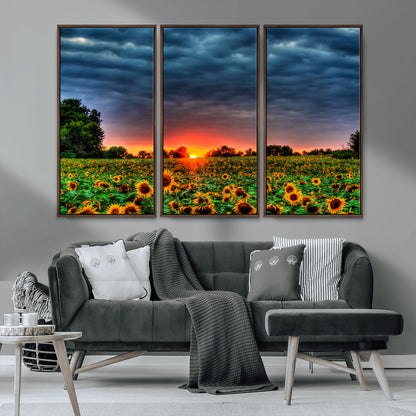45045-MGV-FC-48X32-3P_Walnut-Sunflower Field Sunset Wall Art – Dramatic Stormy Sky Landscape Print, Vibrant Yellow Floral Nature Canvas for Living Room,