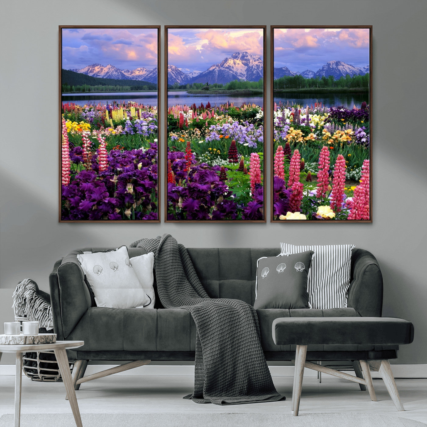 82270-MGV-CV-36X24-Colorful Wildflower Meadow Landscape Wall Art – Snow-Capped Mountain Lake Sunset Print, Vibrant Nature Artwork for Living Room,