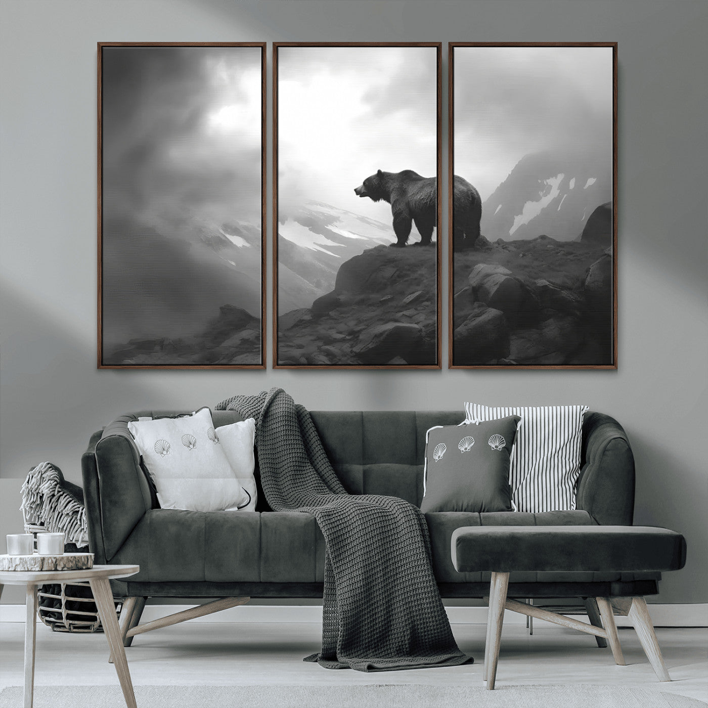 49504-MGV-CV-36X24-Black and White Grizzly Bear Wall Art – Wilderness Wildlife Painting, Rustic Mountain Cabin Decor, Monochrome Animal Print for