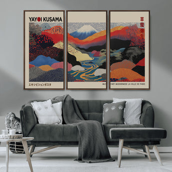 49228-MGV-FC-93X47-3P_Black-Kusama Wall Art – Vibrant Japanese Landscape Canvas Print, Modern Abstract Mountain and River Decor for Living Room, Office or Art