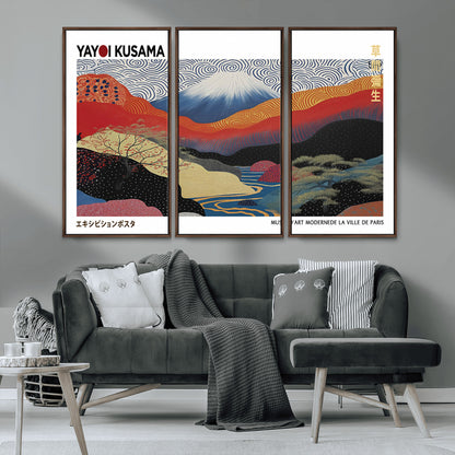 14839-MGV-CV-36X24-Yayoi Kusama Wall Art – Panoramic Mountain & River Canvas Print, Modern Abstract Japanese Landscape Decor for Living Room or