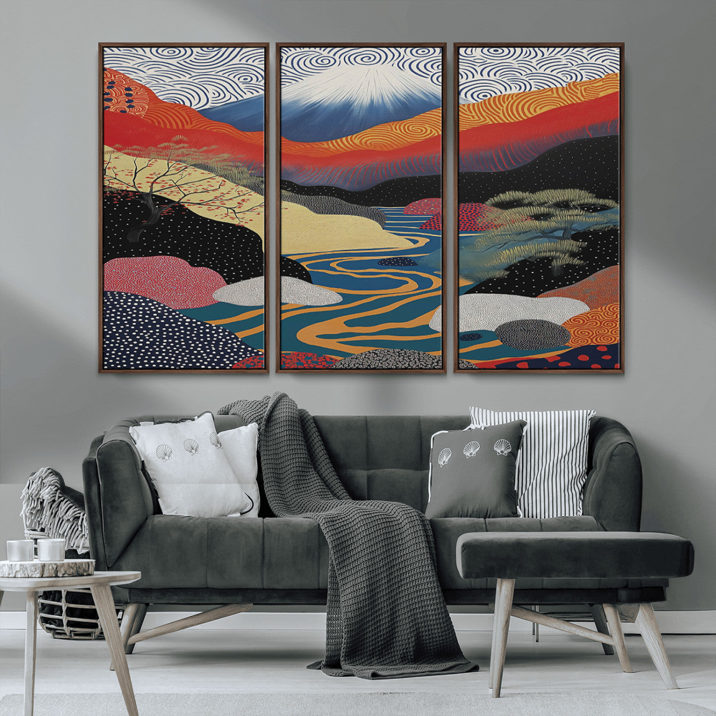 22313-MGV-CV-36X24-Yayoi Kusama Wall Art – Abstract Mount Fuji Landscape Canvas Print, Vibrant Japanese Nature Scene with River, Mountains and Sky