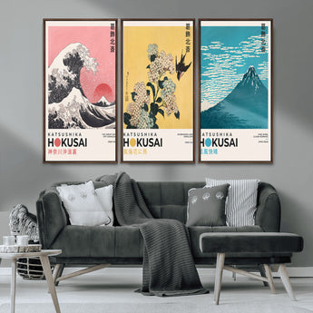 Katsushika-MGV-CV-36X24-Katsushika Hokusai Wall Art Set – The Great Wave, Hydrangea and Swallow, Fine Wind Canvas Prints, Japanese Ukiyo e Style Home and